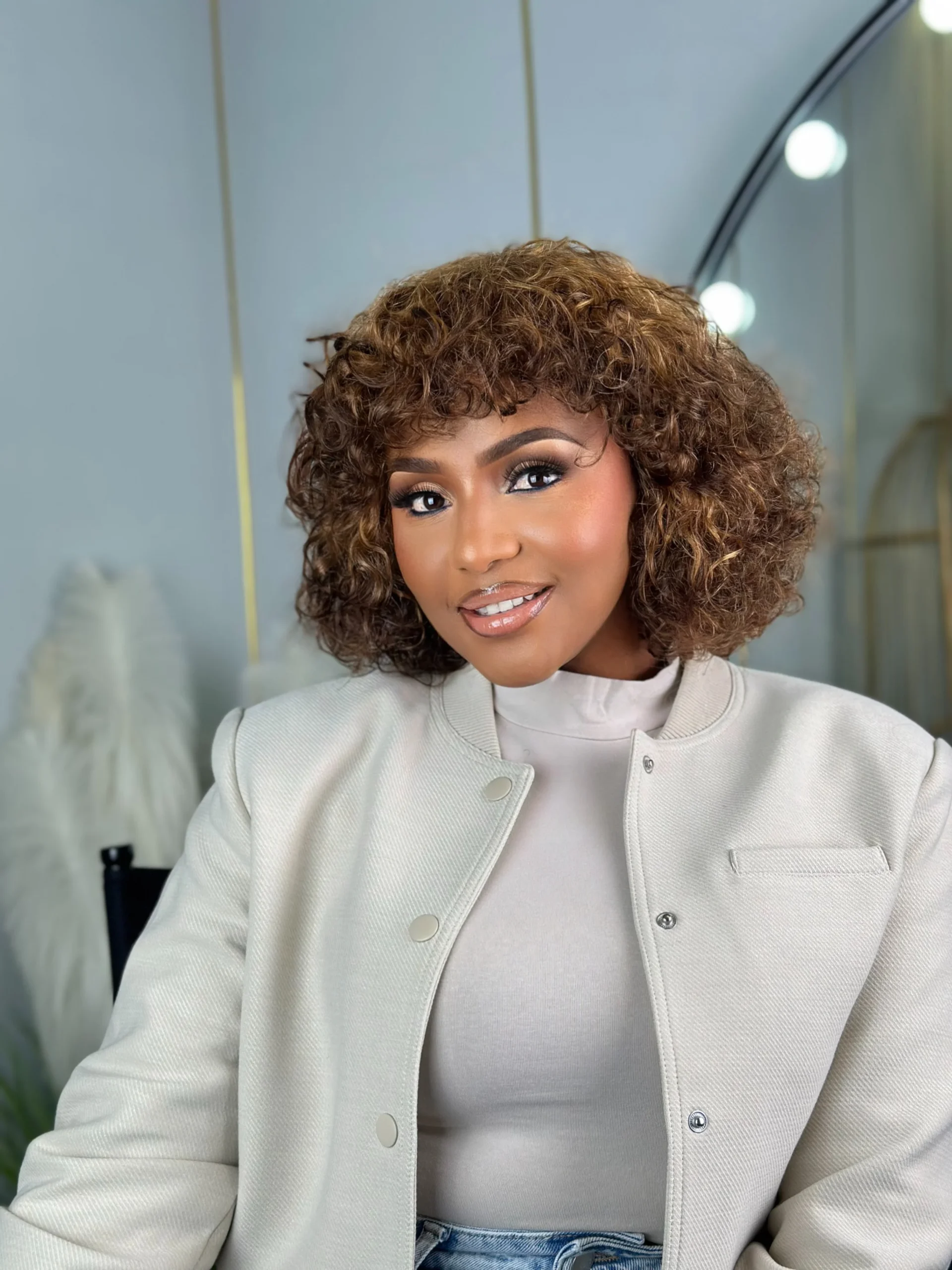 Highlight Color Short Curly Bob With Bangs